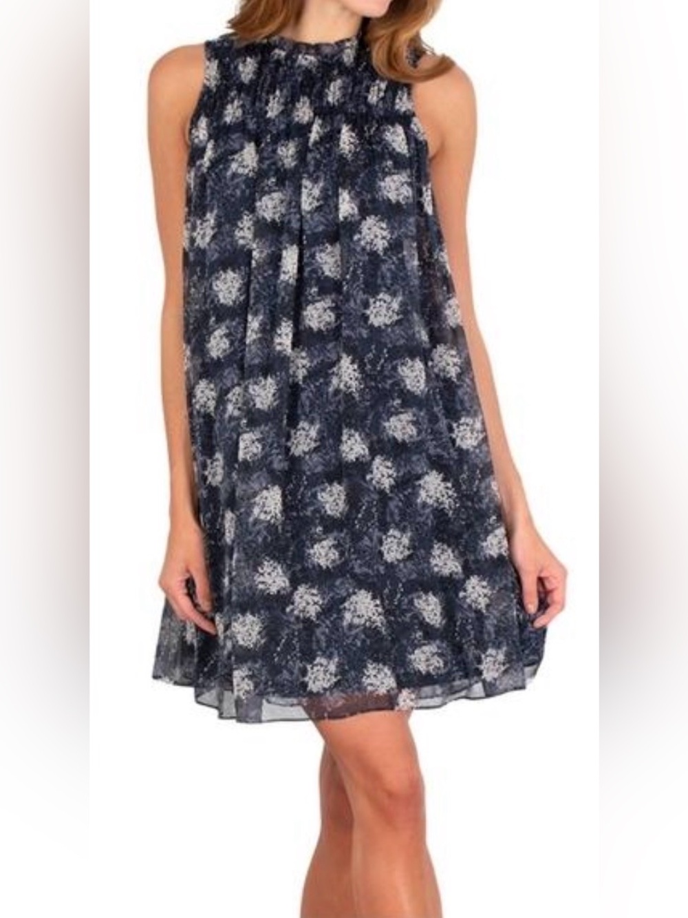 Joie Thelen Baltic Print Chiffon Ruffle Neck Swing Dress L NWT $348